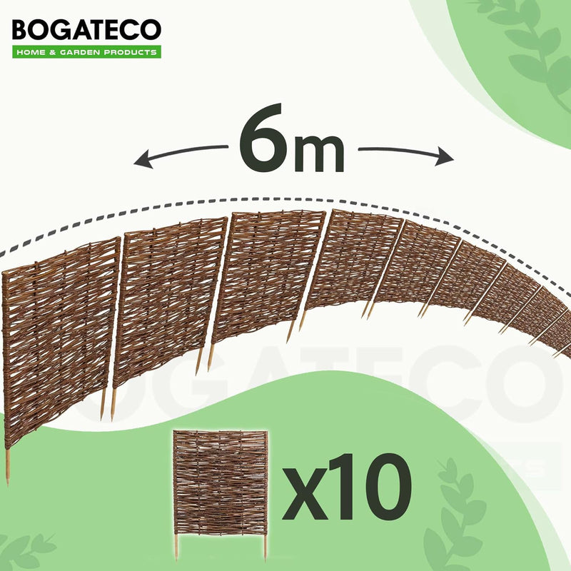 10 x BOGATECO Beeteinfassung aus Weide | 60 cm Lang & 60 cm Hoch | Holz-Zaun Rasenkante | Weiden-Zau