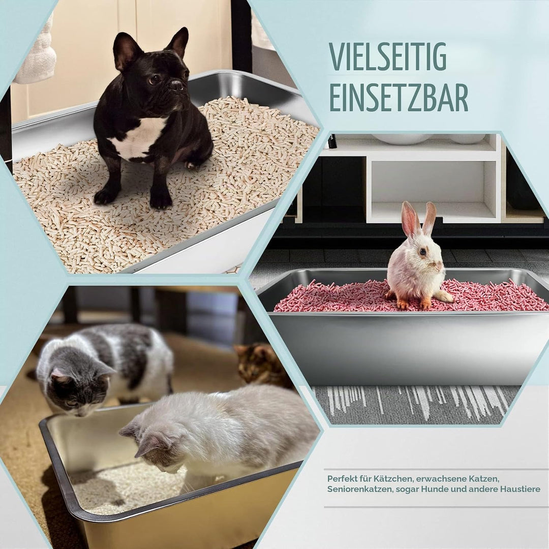 IKITCHEN Grosse Katzentoilette Edelstahl(50×35×15cm), Litter Box Katzenklo, Katzen und Kaninchen Met