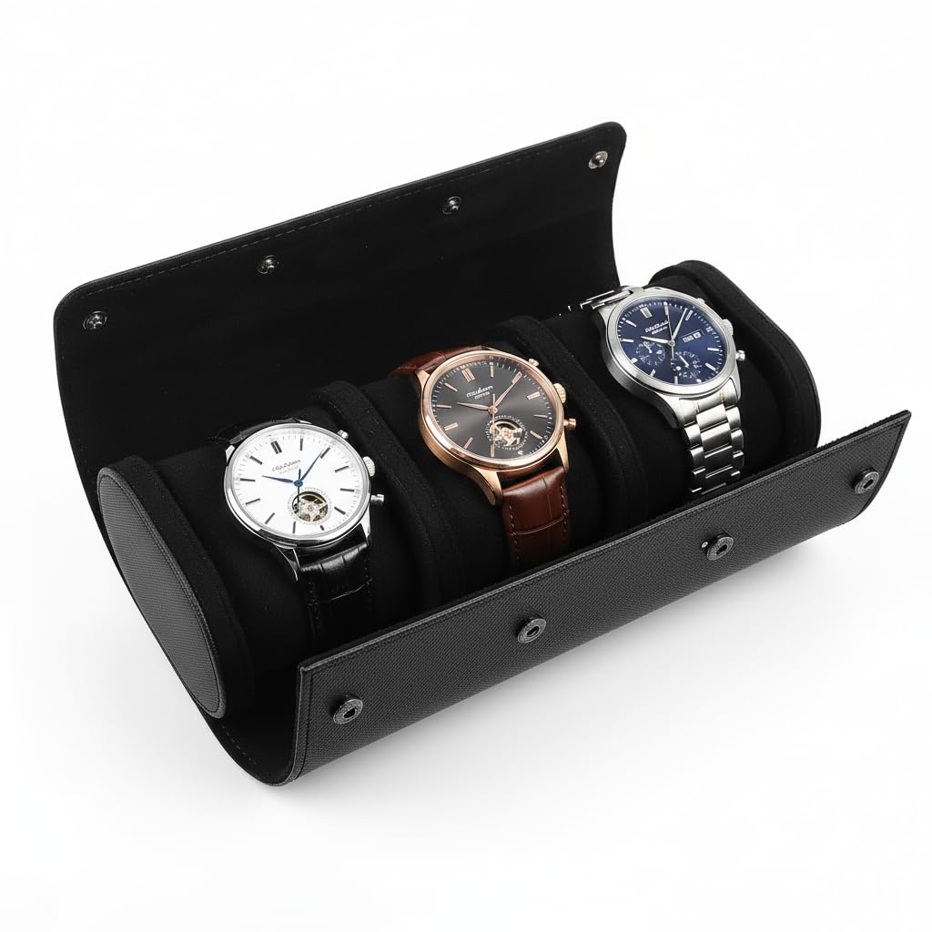 VILLCASE Uhrenbox mit 3 Fächern, rund, Reise-Uhrenbox, PU-Leder, tragbare Uhrenschatulle, schwarz, z