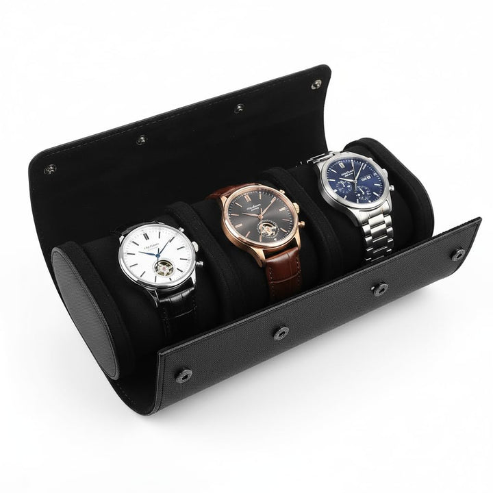 VILLCASE Uhrenbox mit 3 Fächern, rund, Reise-Uhrenbox, PU-Leder, tragbare Uhrenschatulle, schwarz, z