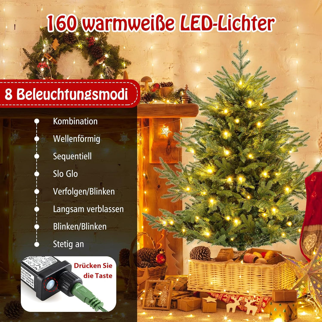 COSTWAY 135 cm Künstlicher Weihnachtsbaum mit Beleuchtung, Tannenbaum mit 160 warmweissen LED-Lichte