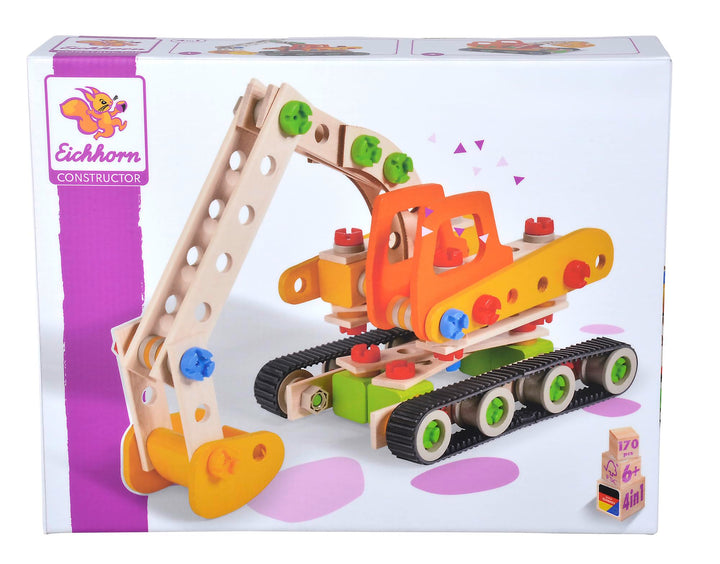 Eichhorn Constructor Raupenbagger, vielseitiges Holzspielzeug, 170 Bauteile, 4 Verschiedene Konstruk