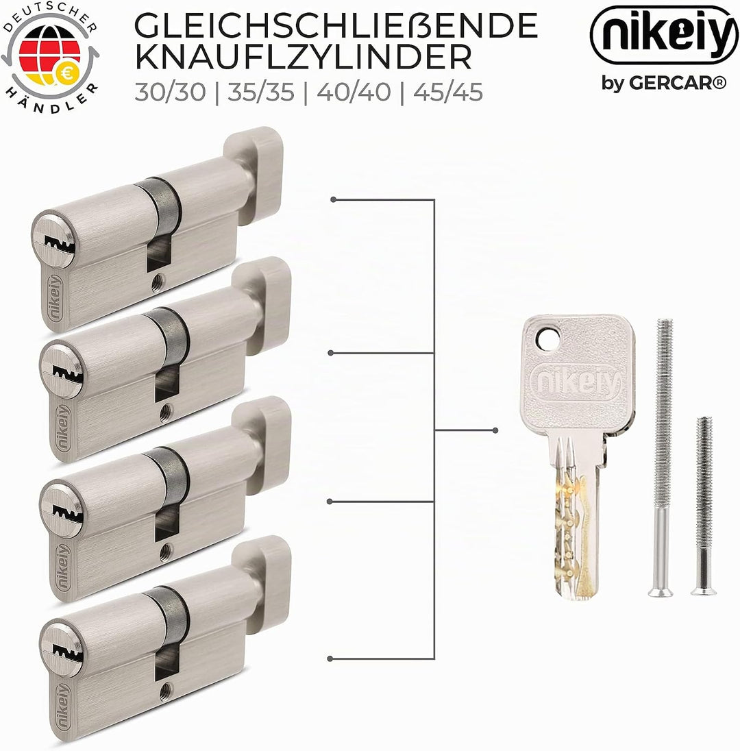 GERCAR Pro Knaufzylinder 30/30 Massiver Schliesszylinder gleichschliessend mit Knauf - 4er Set Zylin