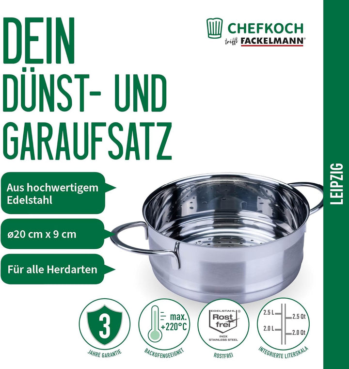 FACKELMANN Chefkoch Dünst- und Garaufsatz München passend für Ø20 Töpfe und Deckel – Für vitaminscho