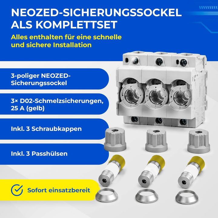 grenda-hammer® | Neozed Sicherungssockel mit Schraubkappen und 3x Schmelzsicherungen (D02-3x25 Ampèr