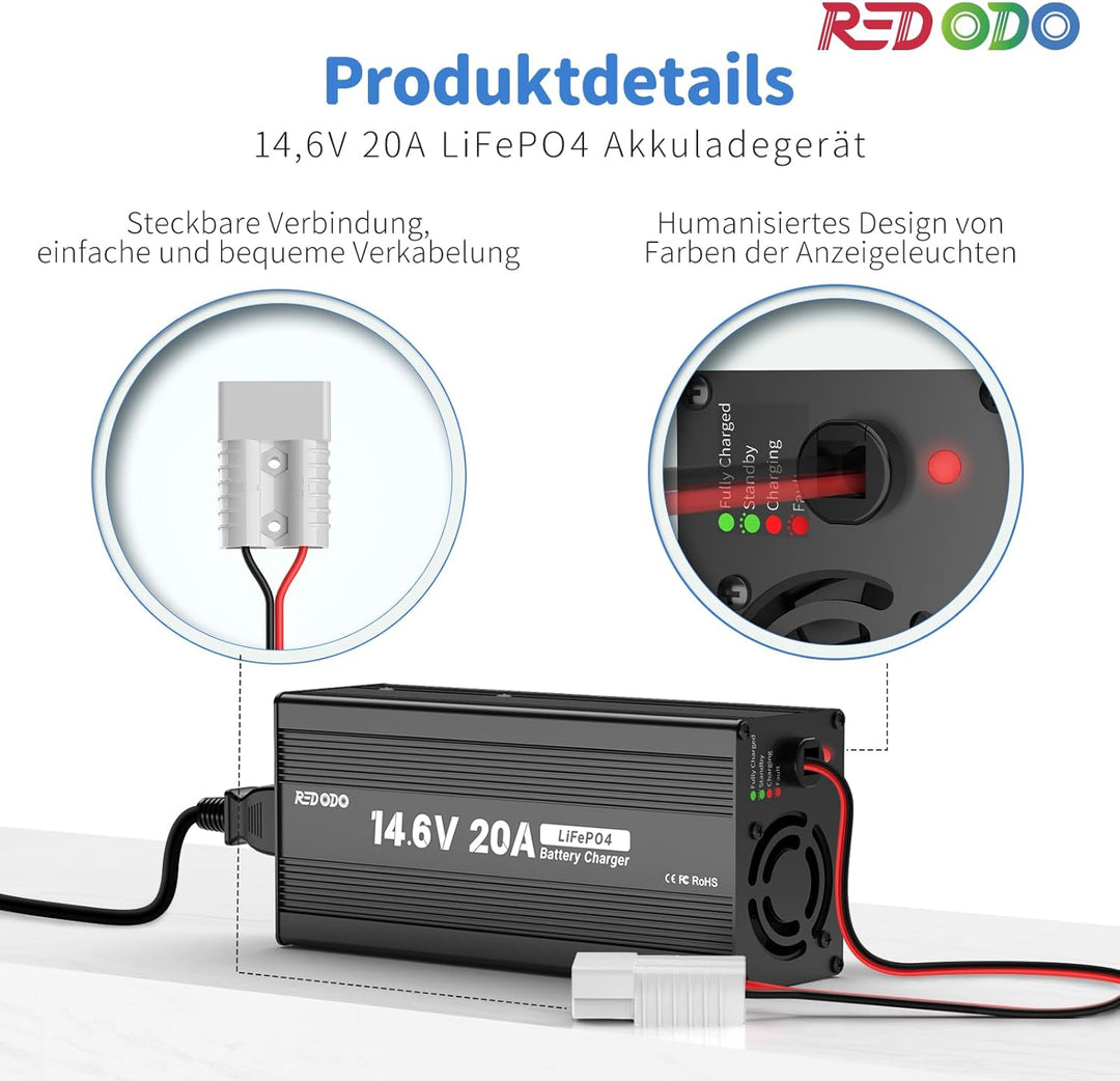 Redodo LiFePO4 100Ah 12,8V Batterie mit LiFePO4 Ladegerät 14,6V 20A, 5 Std. Schnelles Aufladen 100A