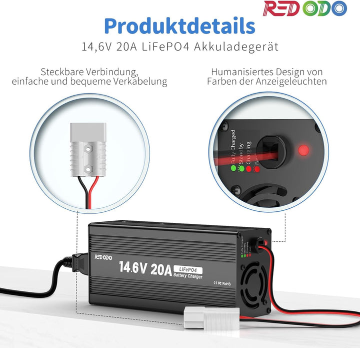 Redodo LiFePO4 100Ah 12,8V Batterie mit LiFePO4 Ladegerät 14,6V 20A, 5 Std. Schnelles Aufladen 100A