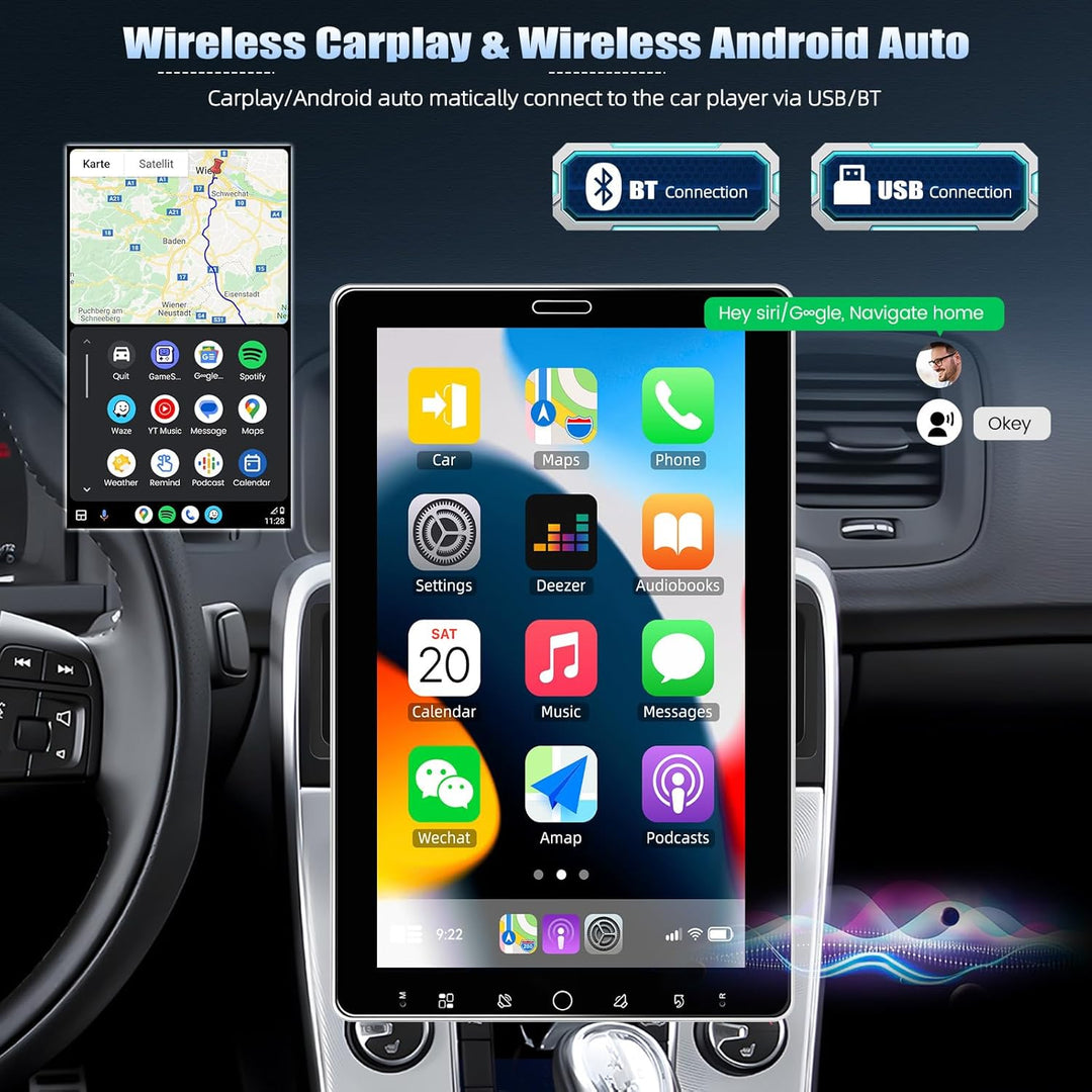 CAMECHO Autoradio 1 Din mit 10.1 Zoll Wireless A-pple Carplay Android Auto mit Rückfahrkamera, Bilds