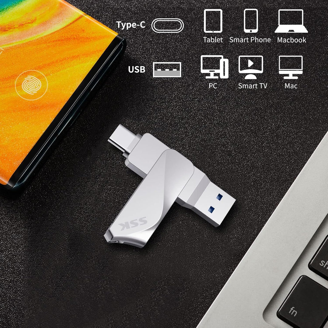 SSK 256GB USB C Flash Drive Dual Drive 2 in 1 OTG USB 3.2 + Type C Memory Stick Thumb Drive, Thunder