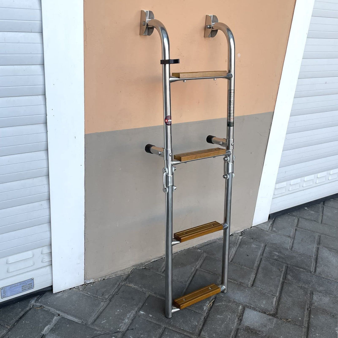 Saarwebstore Badeleiter Edelstahl mit Teak Stufen klappbar Heckmontage Bootsleiter Boot Grösse 2+2,
