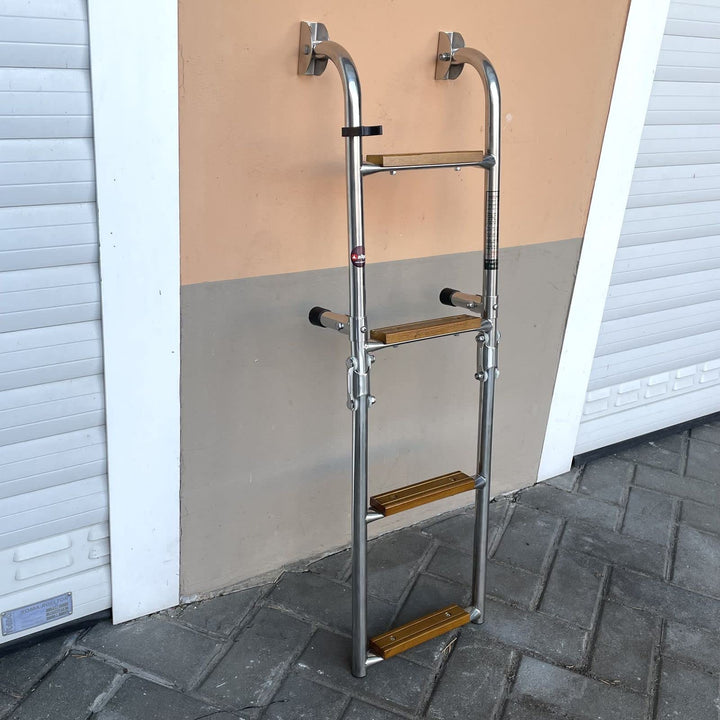 Saarwebstore Badeleiter Edelstahl mit Teak Stufen klappbar Heckmontage Bootsleiter Boot Grösse 2+2,