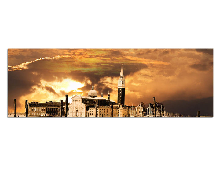 Paul Sinus Art Panoramabild auf Leinwand und Keilrahmen 120x40cm Venedig Gondeln Wasser Sonnenunterg