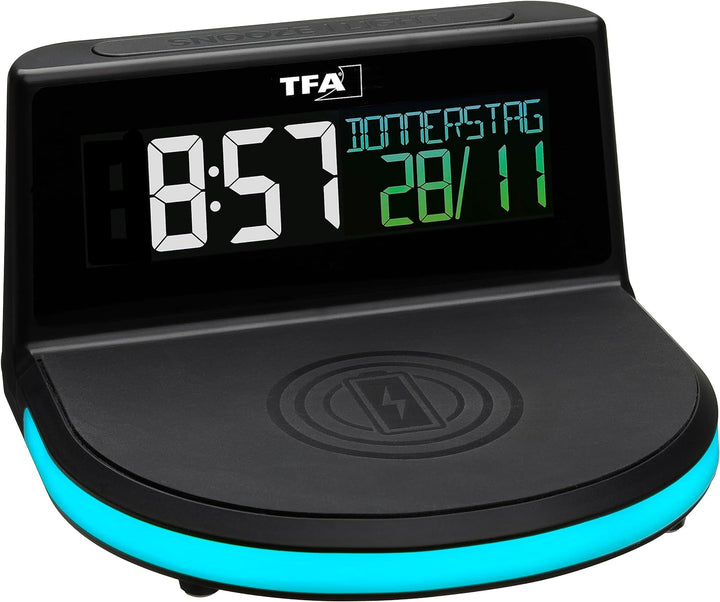 TFA Dostmann Charge-IT Wireless Digitalwecker, 60.2028.01, mit kabelloser Ladestation (Qi) für Smart