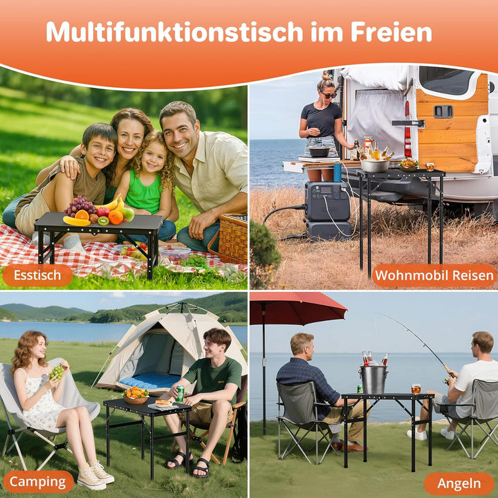 FUNYKICH Campingtisch Klapptisch 58x40cm, Faltbarer Grilltisch mit 3 Höhen Verstellbarer(27/51/75cm)