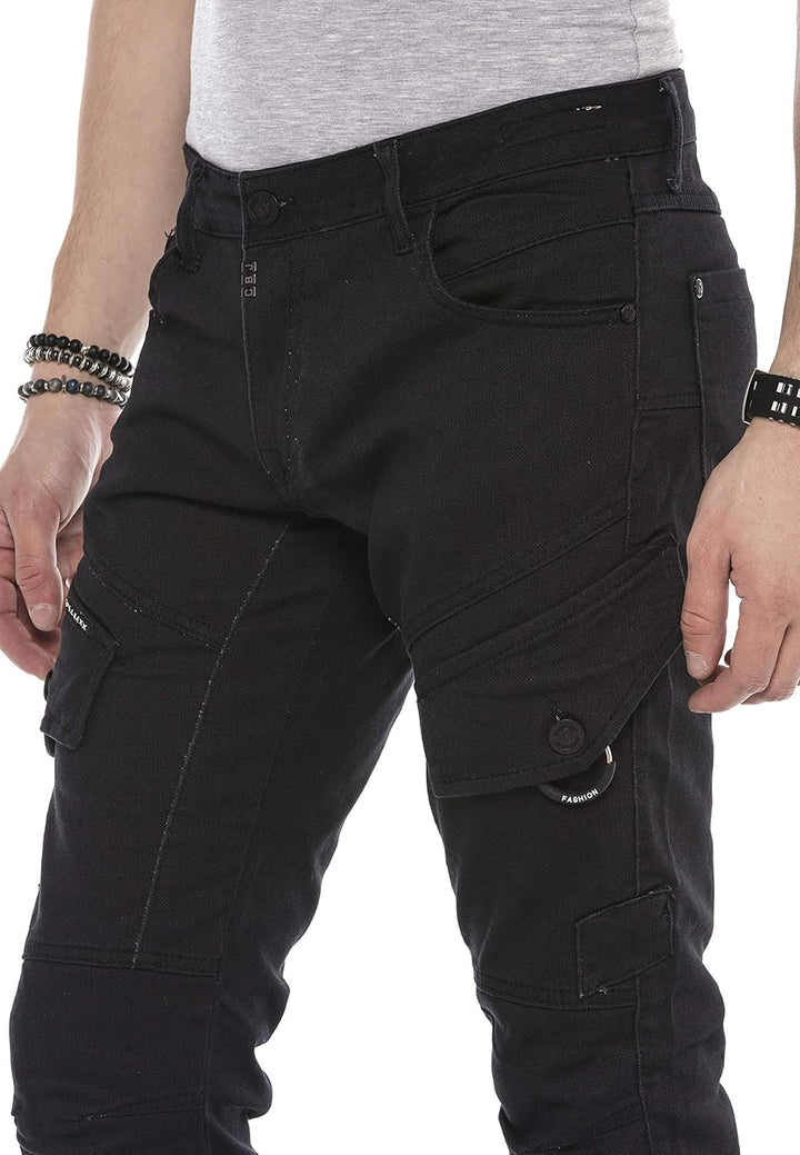 Cipo & Baxx Herren Jeanshose Design Cargohose Regular Fit Straght Biker Pants Used Jeans Hose Schwar