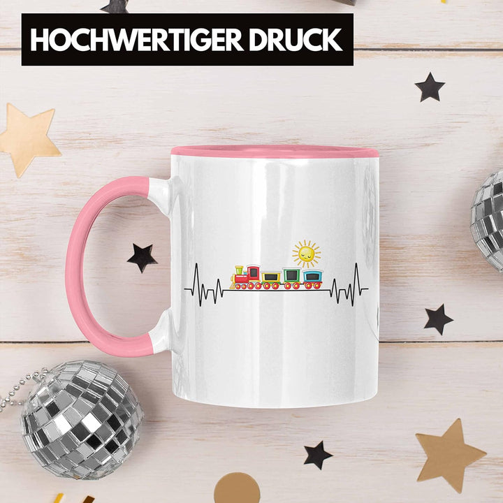 Trendation - Zug Züge Herzschlag Tasse Geschenk für Eisenbahner Zugführer Hobby Geschenkidee (Rosa),