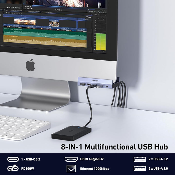BENFEI 8-in-1 USB C Hub mit sicherer Klemmfunktion – Mit 4K@60Hz HDMI, Gigabit Ethernet, 100W PD, 10