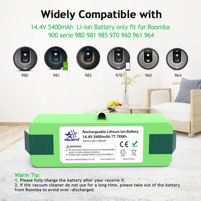 melasta 14,4 V 5400 mAh Li-ion Ersatzakku kompatibel mit iRobot Roomba 900 Series 980 981 985 970 96