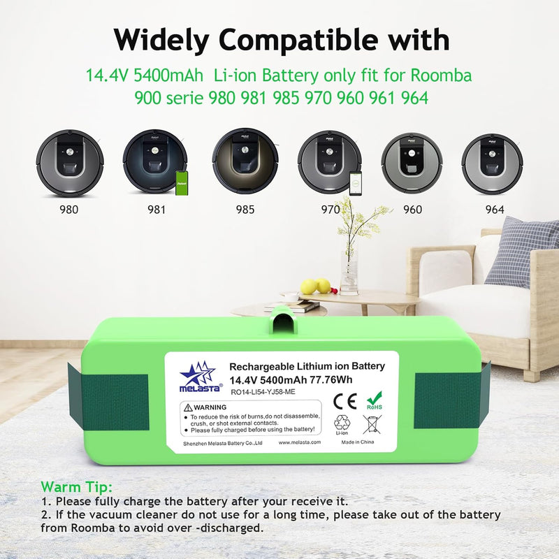 melasta 14,4 V 5400 mAh Li-ion Ersatzakku kompatibel mit iRobot Roomba 900 Series 980 981 985 970 96