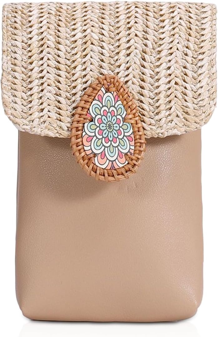 NICOLE & DORIS Damen Handytasche Zum Umhängen Klein Handy Schultertasche Stroh+PU Leder Handy Tasche