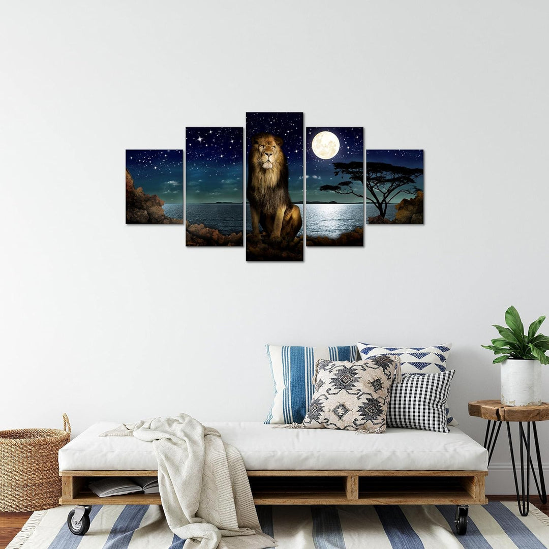 Runa Art Bild Wohnzimmer Schlafzimmer Afrika Löwe 5 Teilig Nachthimmel Mond Blau Wandbilder auf Vlie