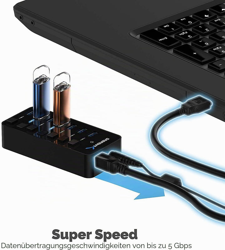 SABRENT USB Hub aktiv 3.2 gen1, mit netzteil 36W 7port, USB Adapter mehrfach Verlängerung, USB Verte