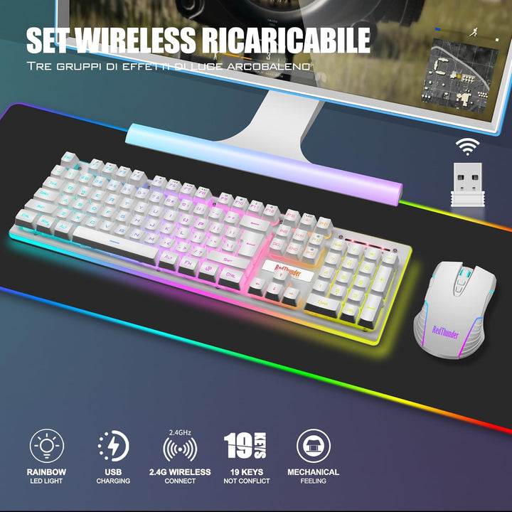 RedThunder K10 Kabellose Gaming-Tastatur und -Maus, LED-Hintergrundbeleuchtung, wiederaufladbarer Ak