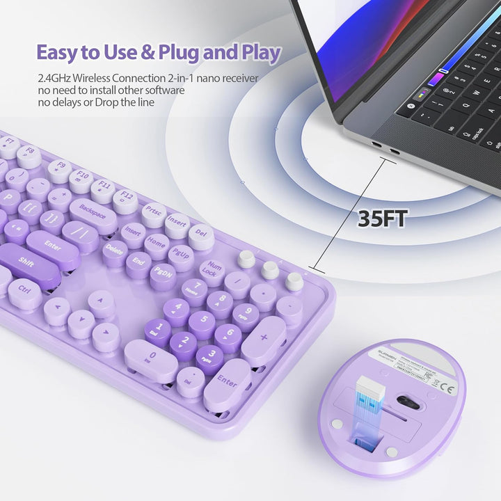 SOLIDEE kabellose Tastatur und Maus - 2.4GHz Runde Tastenkappe mit Ziffernblock, 104 ergonomische Ta