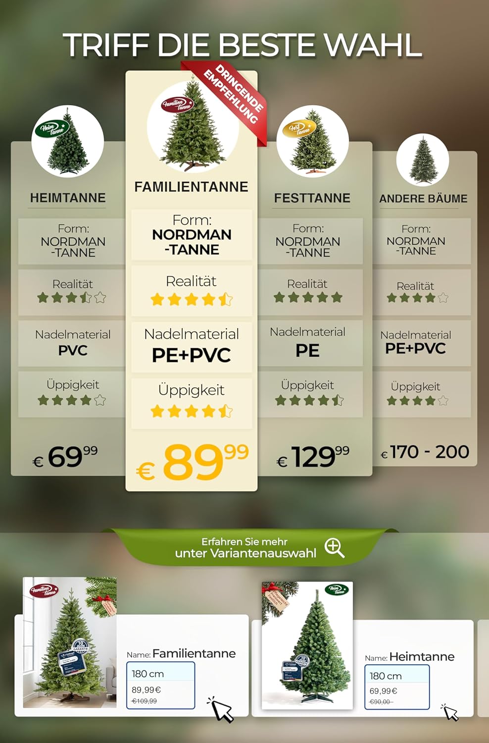 Menz Premium künstlicher Weihnachtsbaum GRÜN 182 cm – Naturgetreuer Weihnachtsbaum künstlich mit 850