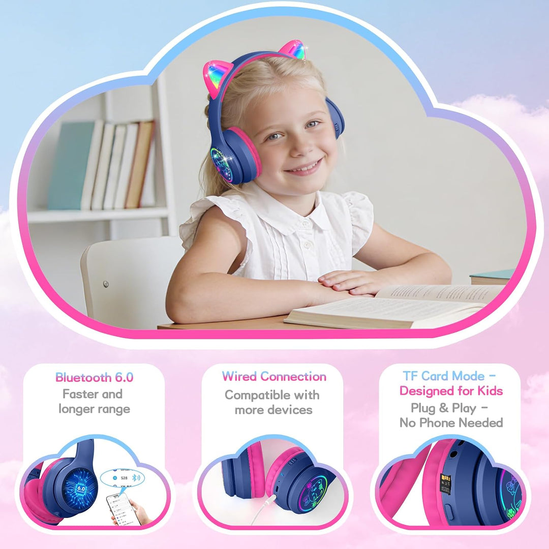 IFECCO Bluetooth Kopfhörer Kinder kabellos mit Aufbewahrungstasche, Kinderkopfhörer Over-Ear mit LED