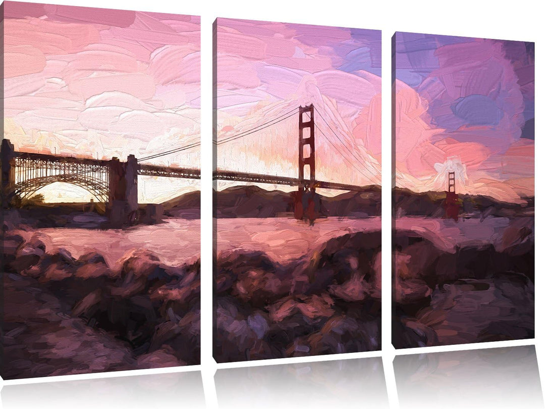 Pixxprint Golden Gate Bridge / 3-Teilig/Gesamtmass 120cm Leinwandbild bespannt auf Holzrahmen/Wandbi