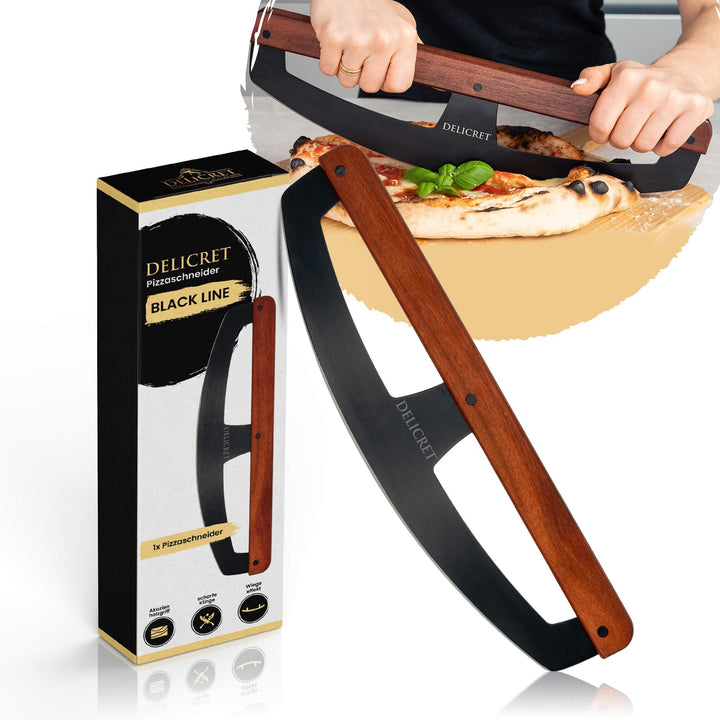 DELICRET "Black Line"- Pizza Wiegemesser | Pizzaschneider mit Akazienholtgriff & scharfer Edelstahlk