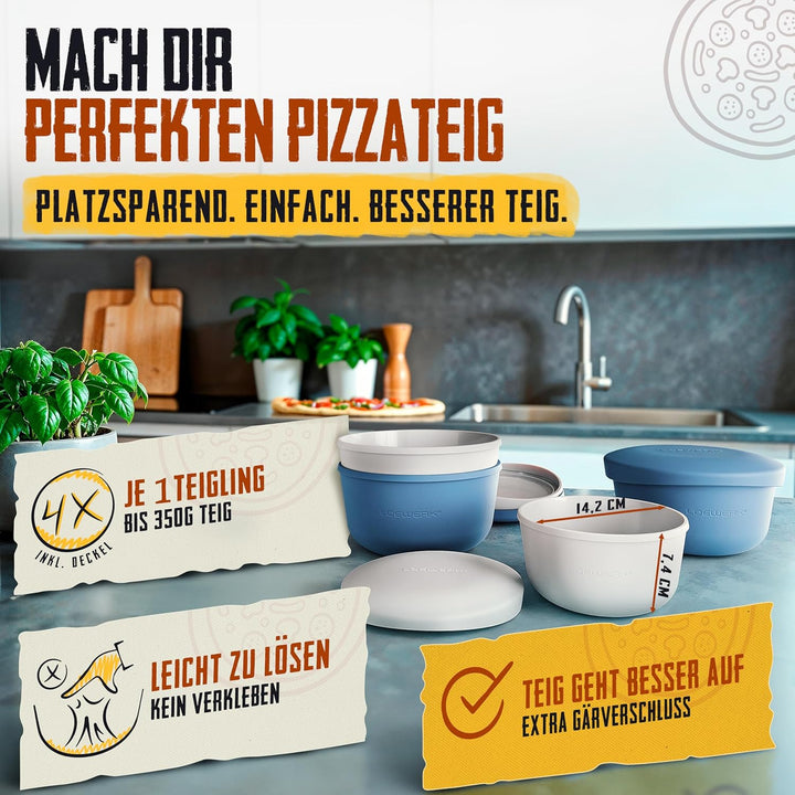 LOEWERK Pizzaballenbox mit Deckel – 4er Set – atmungsaktive Teigbox für perfekten Pizzateig - platzs