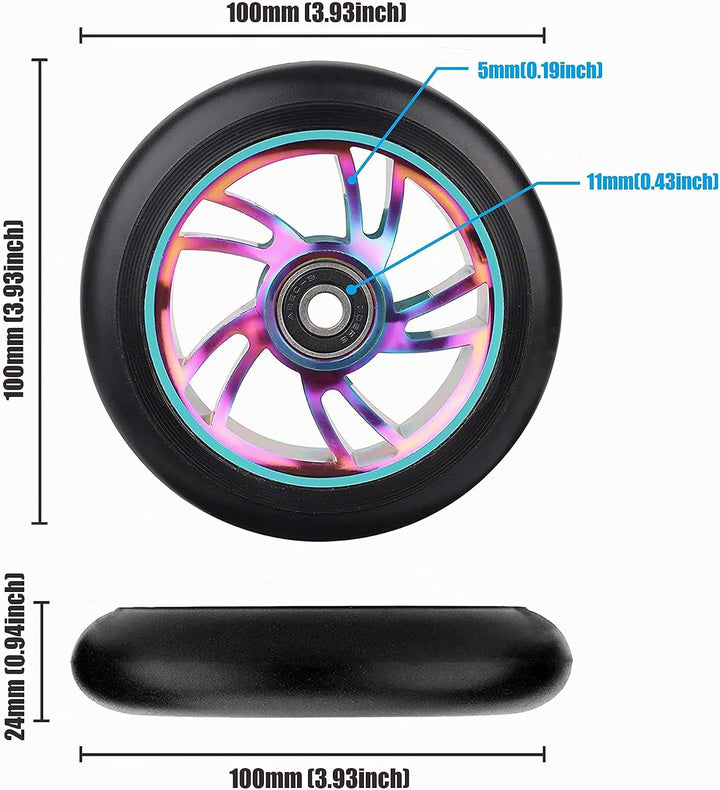 Yungeln 2 Stück 100mm Stunt Scooter Ersatzräder 100 x 24mm 88A Vollreifen mit ABEC-9 Lager kompatibe