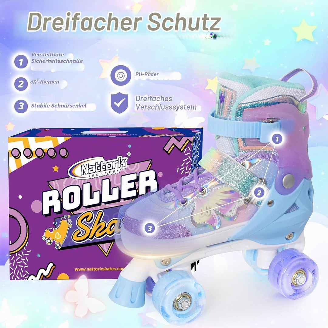 Nattork Kinder Rollschuhe für Mädchen und Jungen, 4 Grössen Verstellbar, Vierrad-Rollschuhe mit Schm