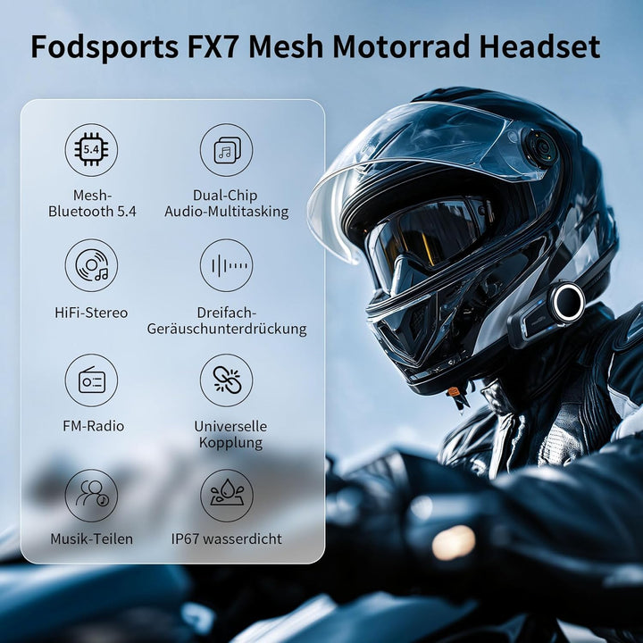 Fodsports FX7 Mesh Motorrad Headset V3.0,APP-kompatibel, Helm Kommunikationssystem mit Audio-Multita