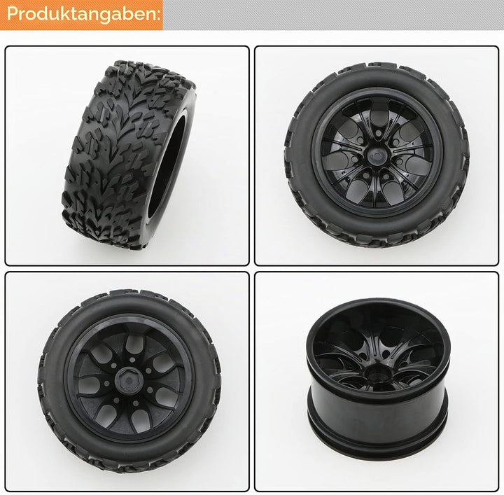 Pxyelec Gummireifen für Monster Truck 1:10 RC Auto Rad Typ Reifen mit 7 Speichen Felge Schwarz RC Te