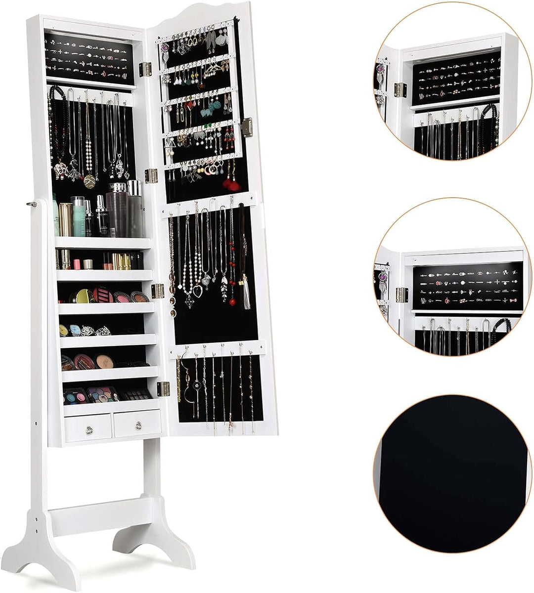 DREAMADE Schmuckschrank mit 14 LED Leuchten, abschliessbares Schmuckregal mit Ganzkörperspiegel, fre