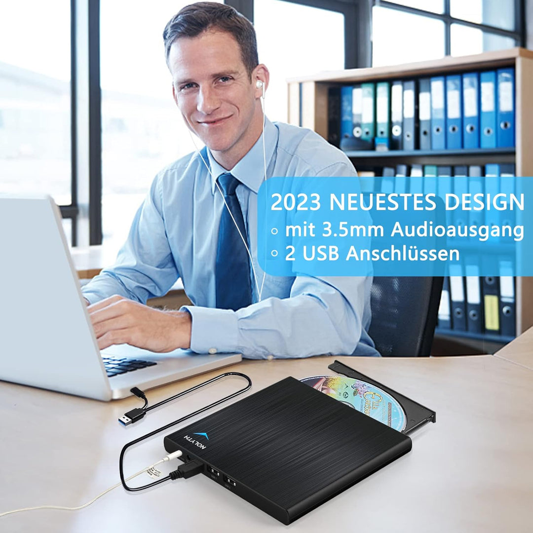 NOLYTH Externes CD Laufwerk für Laptop: DVD Laufwerk Extern mit 1 Audio 2 USB Slots - Tragbar Brenne