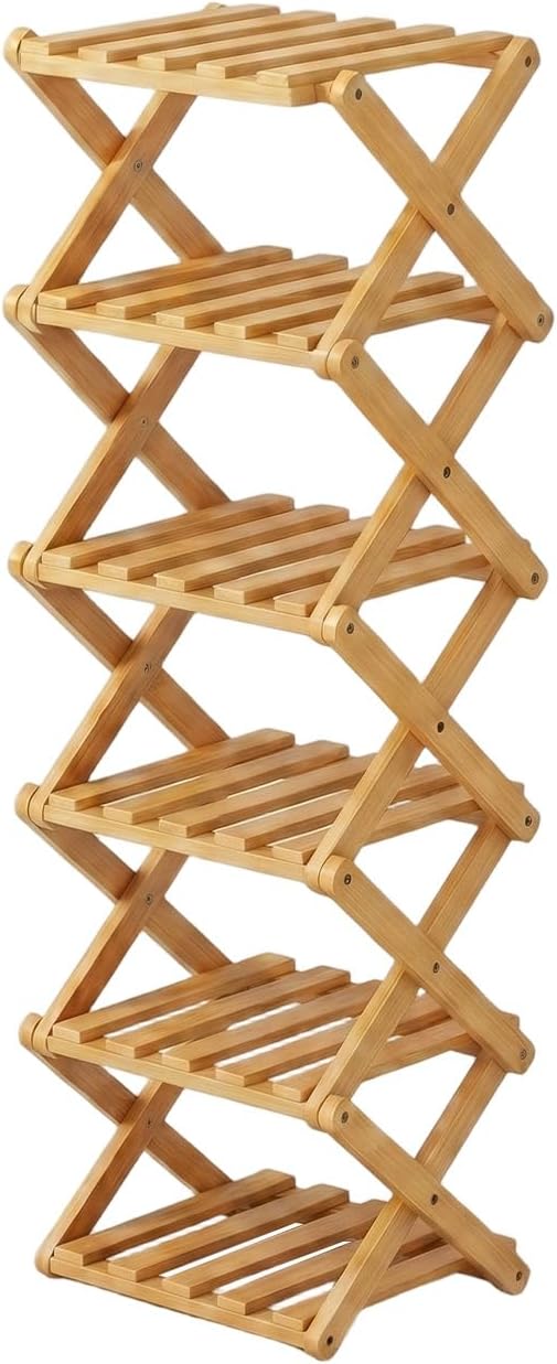 Faltbares Schuhregal Bambus Schmal Ohne Montage 26x26x88cm Natur | Integrierter Klappmechanismus, fe