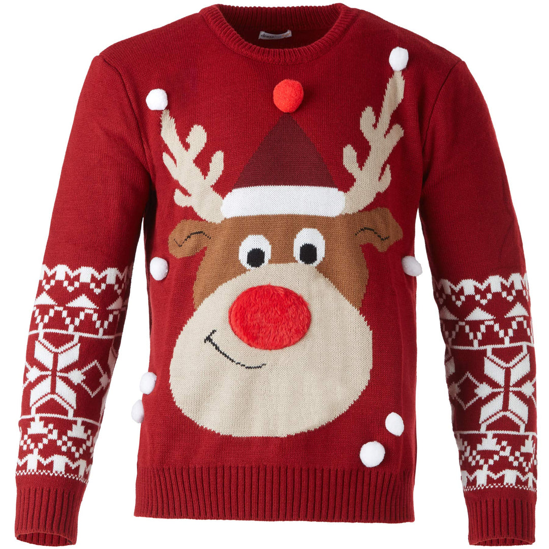 dressforfun 900823 Kinder Weihnachtspullover Rudi Rentier mit angenähten Schneeflocken, rot - Divers