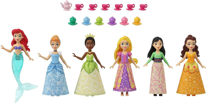 Disney Princess-Spielzeuge, 6 bewegliche kleine Puppen mit Glitzerkleidung und 13 Zubehörteilen für