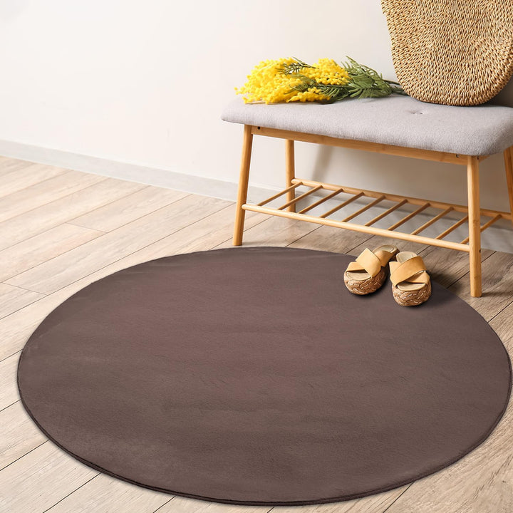 payé Teppich Wohnzimmer Hochflor Braun - 120x120cm - Rund Super Soft Kuschelweich Flauschig Modern E