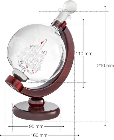 AMAVEL Whiskykaraffe Globus mit innenliegendem Segelschiff und Whiskyglas mit Kompass Gravur, Person