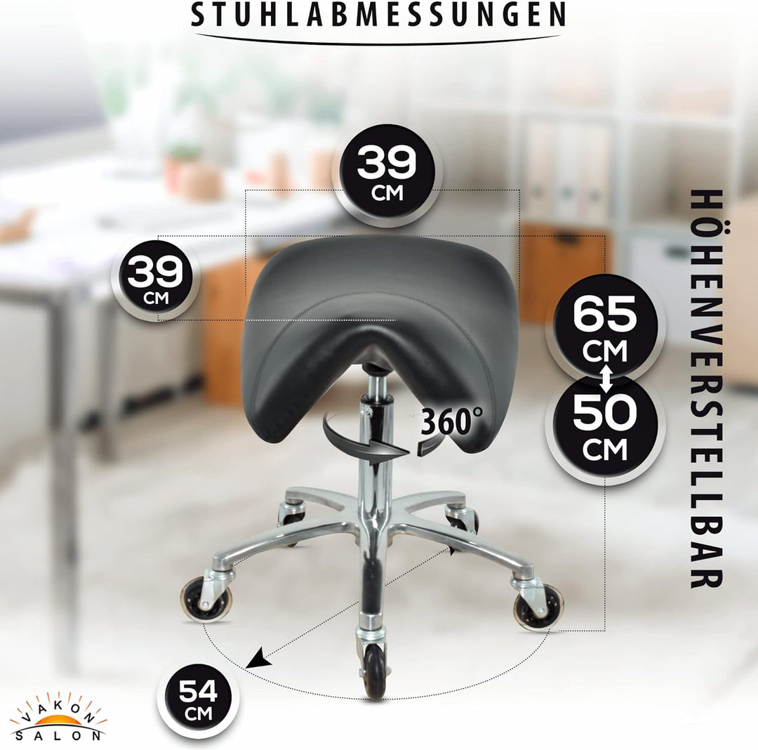 Premium Sattelhocker, Sattelstuhl für Rückenentlastung, Rollhocker höhenverstellbar von 50-65 cm Dre