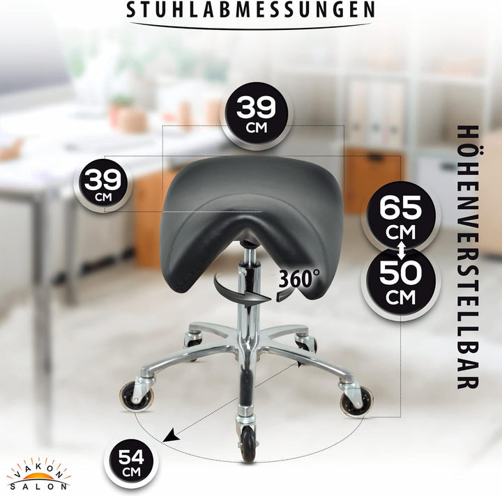 Premium Sattelhocker, Sattelstuhl für Rückenentlastung, Rollhocker höhenverstellbar von 50-65 cm Dre