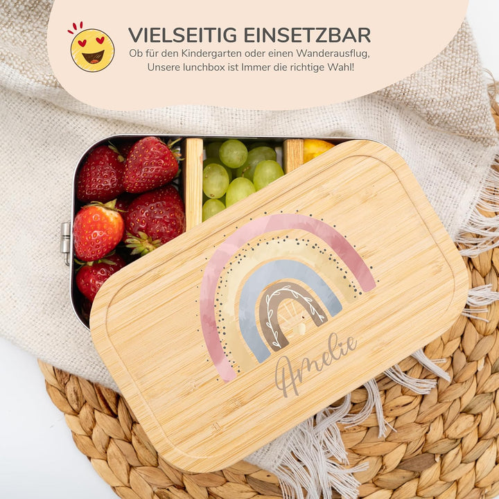 Kidsmood - Personalisierte Brotdose Kinder mit Fächern – Edelstahl Snackbox mit Fächern für Schule &