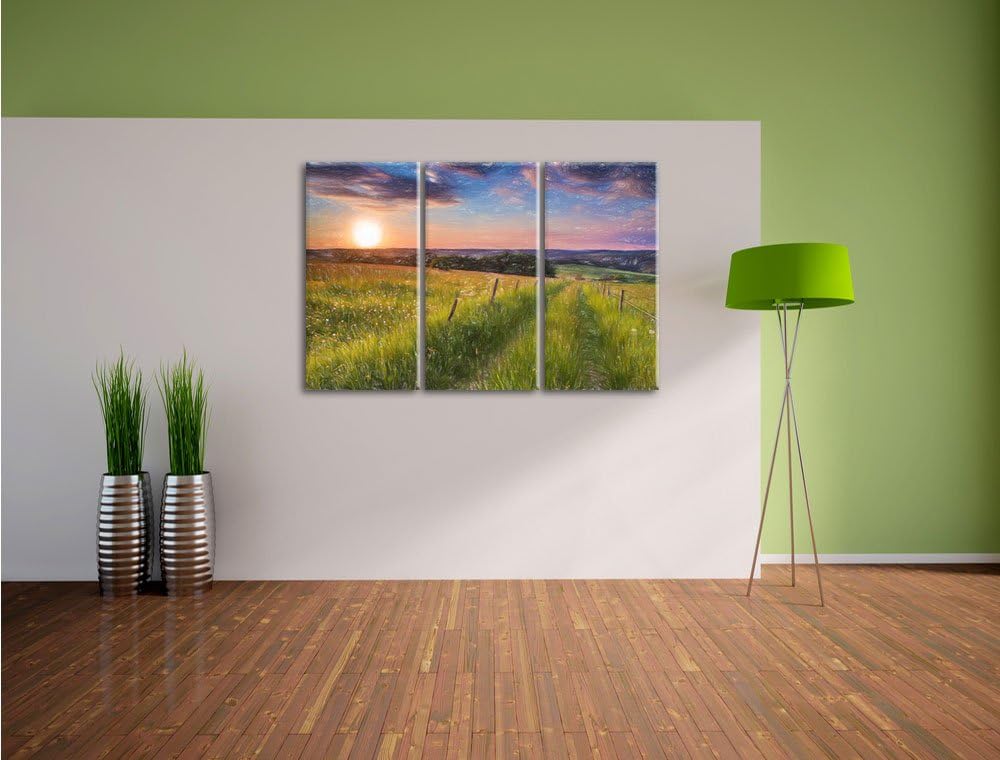 Pixxprint Bergwiese im Sonnenaufgang als Leinwandbild/Grösse: 3 Teilig (120x80) cm/Wandbild/Kunstdru