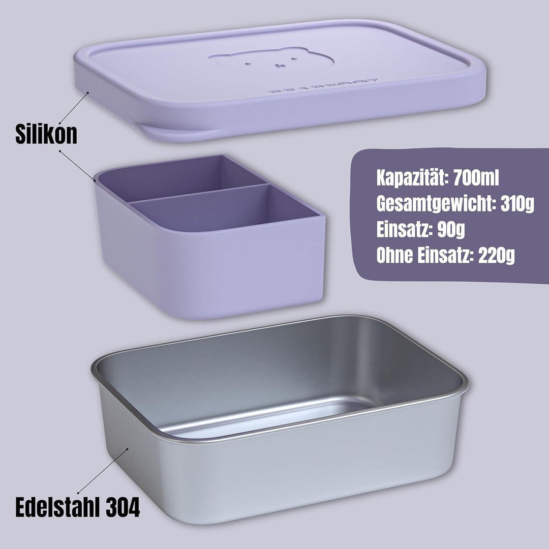 BEARFOOT Edelstahl Brotdose Kinder mit Silikondeckel (Lila, 700 ml) | BPA-frei, auslaufsicher, Brotz