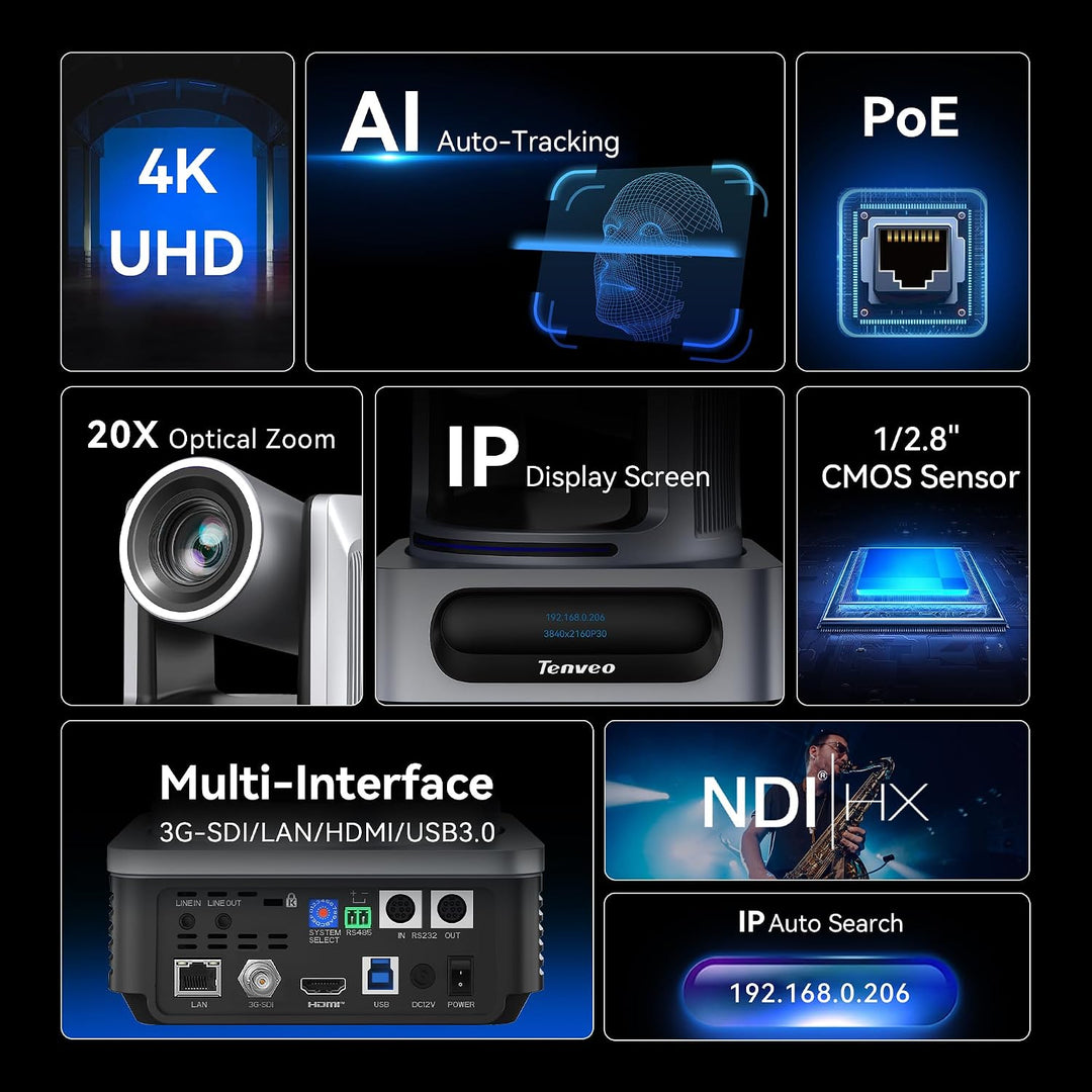 Tenveo 4K PTZ-Kamera mit NDI, AI-Auto-Tracking, 20-Fach Optischer Zoom, 3G-SDI USB3.0 HDMI LAN PoE A